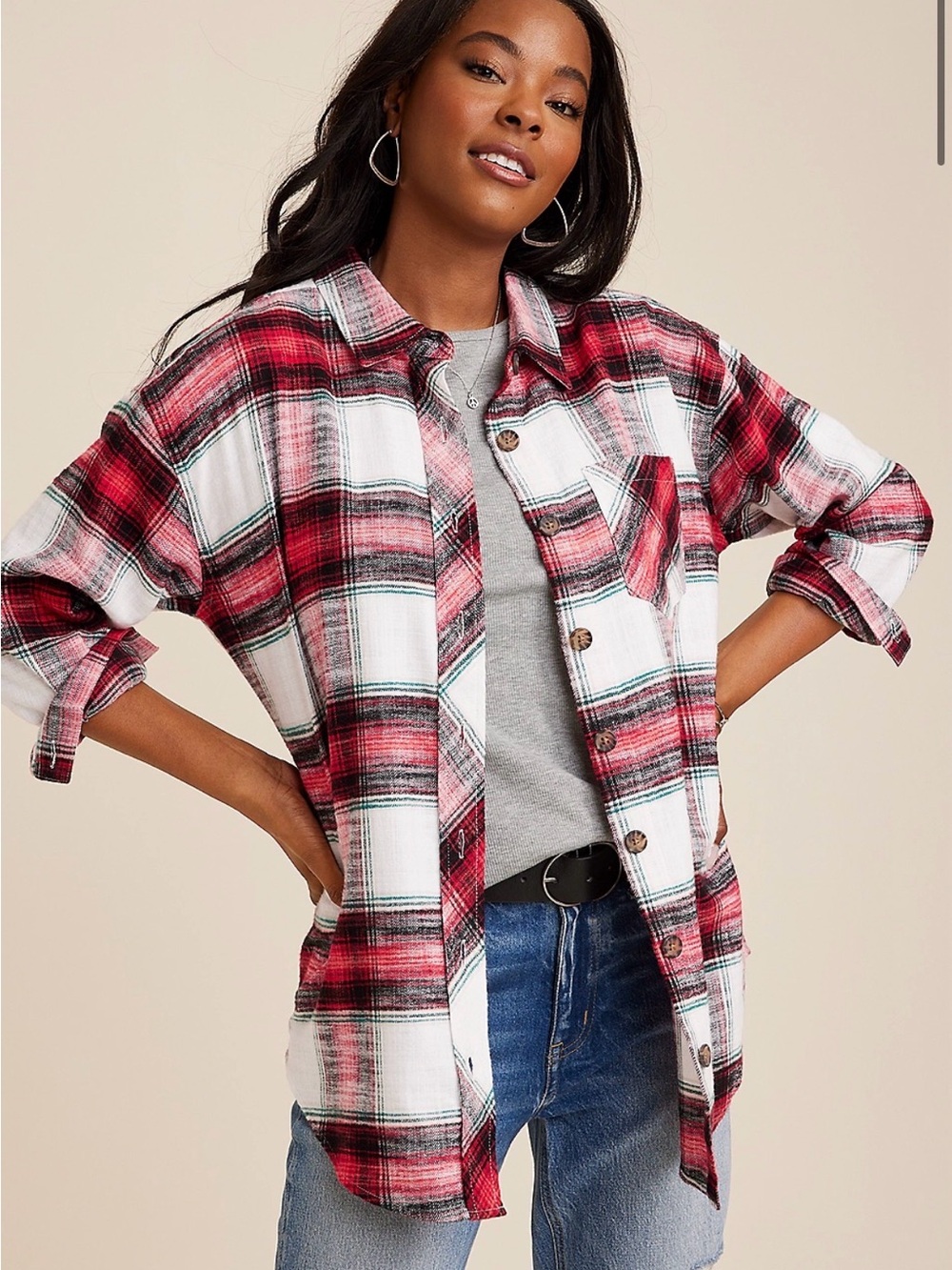Maurices Cabin Plaid Boyfriend Tunic Button Up Shirt